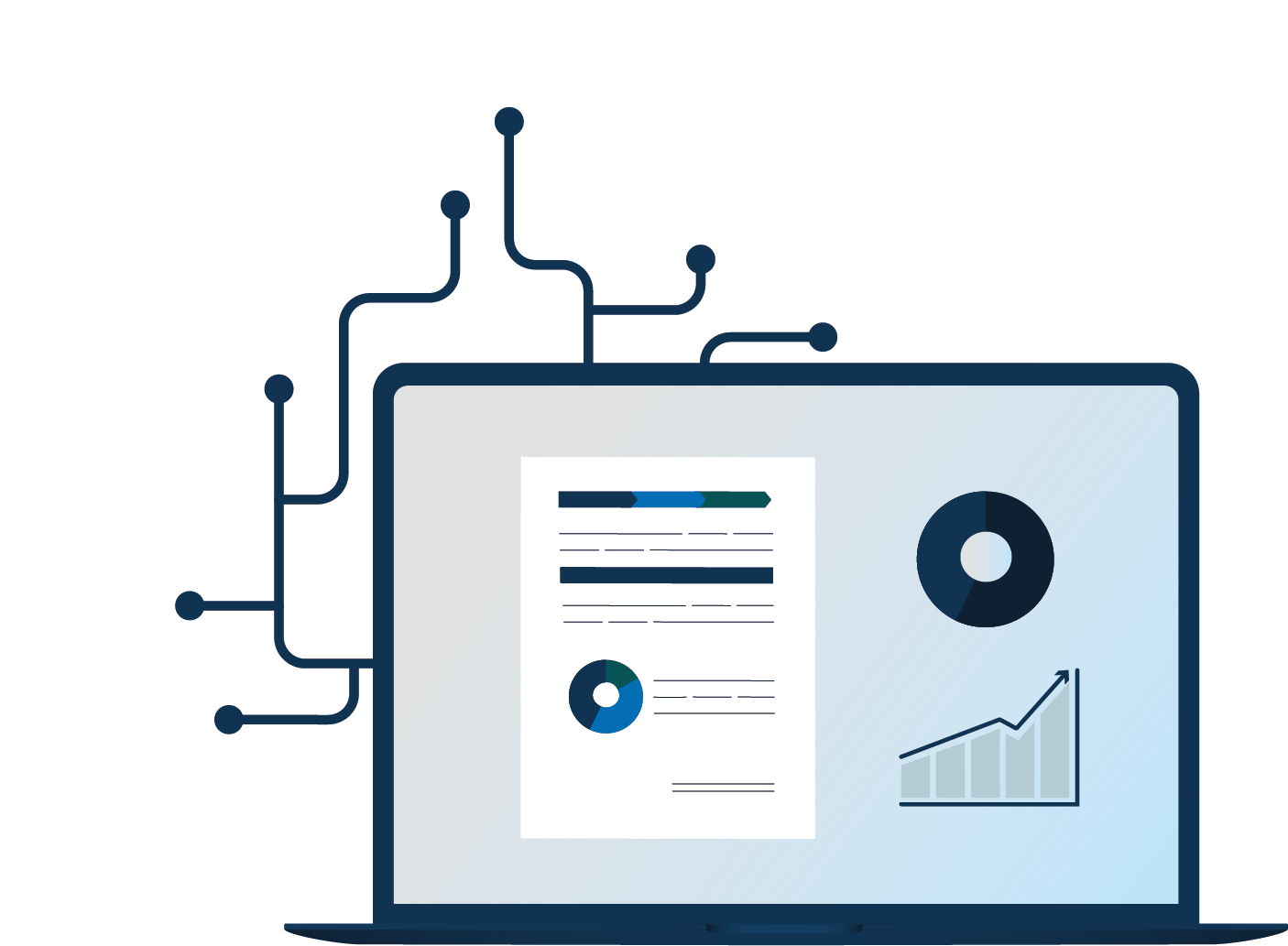 Illustration af laptop med dataanalyse og cloud-forbindelser til sikker databehandling