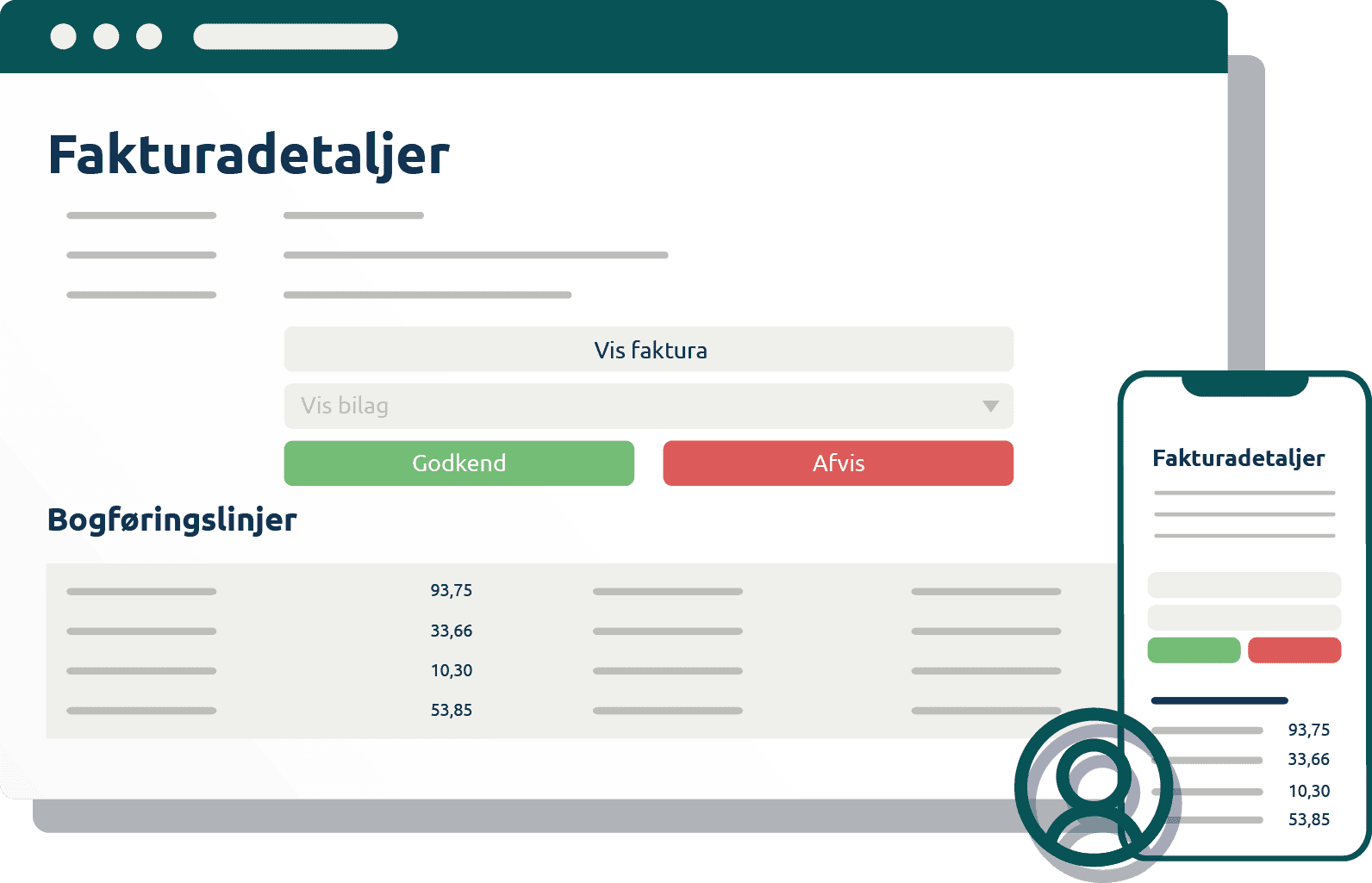 IMS FakturaFlow – fakturadetaljer med elektronisk fakturagodkendelse og bogføringslinjer på desktop og mobil