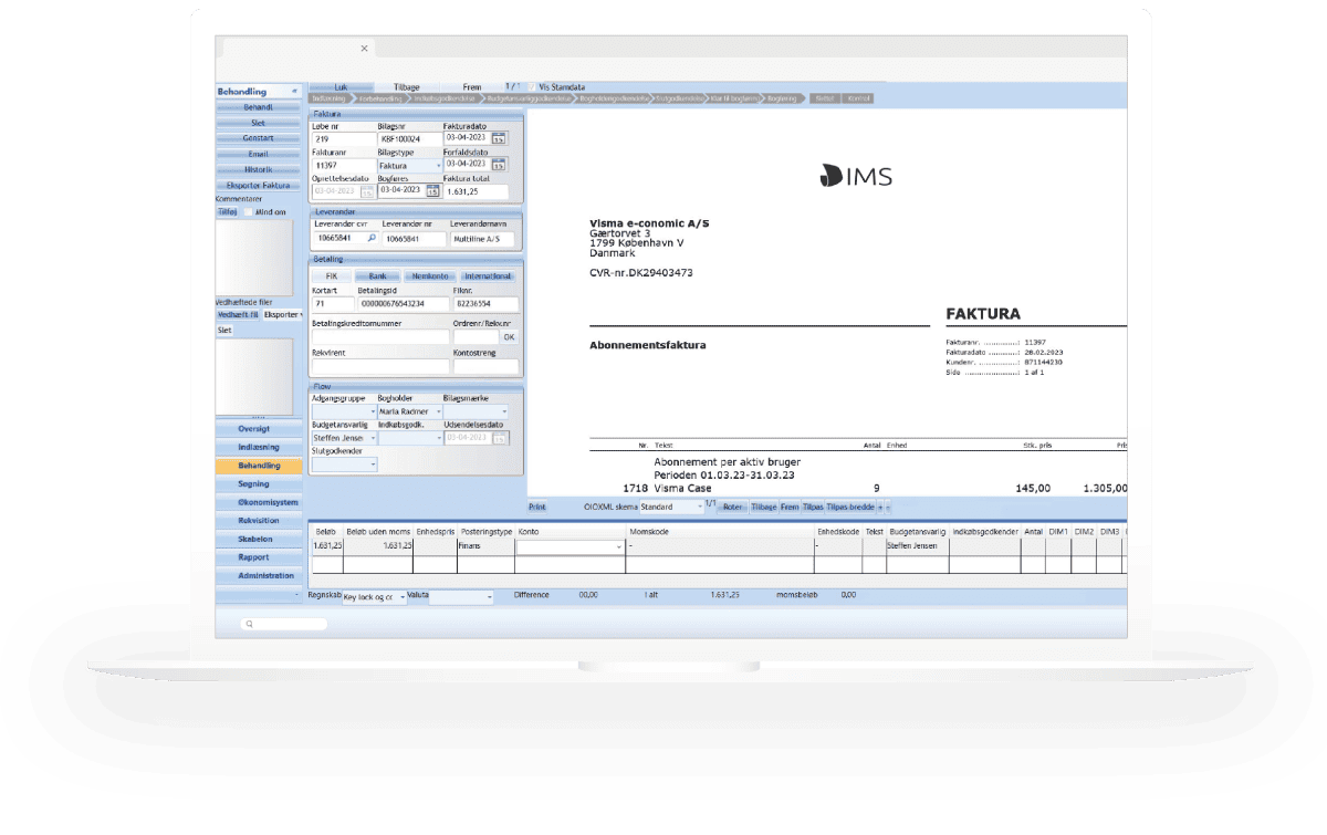 IMS FakturaFlow interface med elektronisk fakturahåndtering og fakturabehandling på laptop