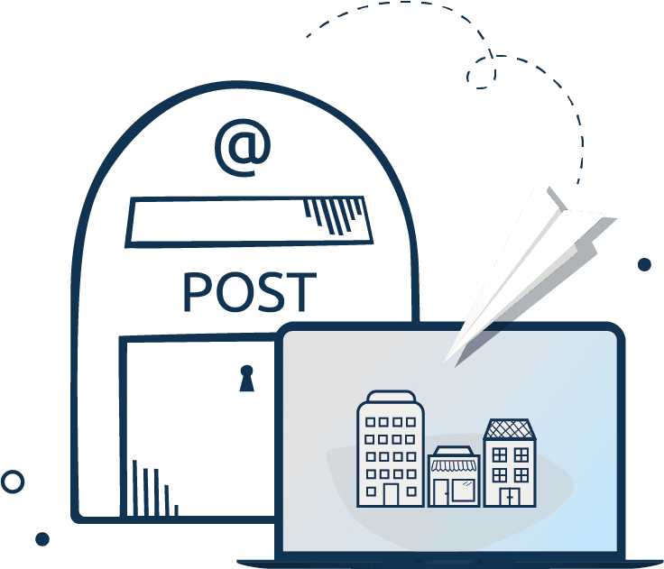 Illustration af digital post fra det offentlige via postboks til virksomheders indbakke