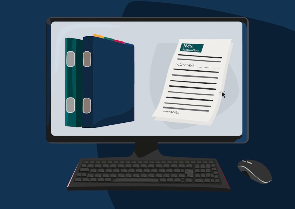 Illustration af en computerskærm med to blå ringbind og et dokument med IMS-brevhoved.