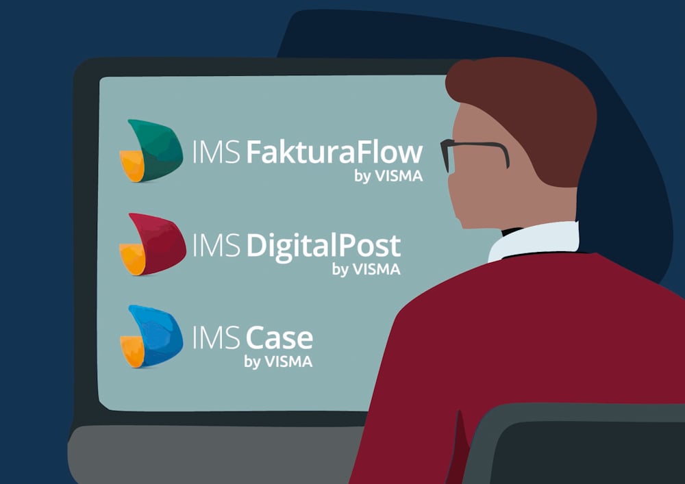 Illustration af en person der sidder foran en computerskærm med logoerne for IMS Case, IMS DigitalPost og IMS FakturaFlow.