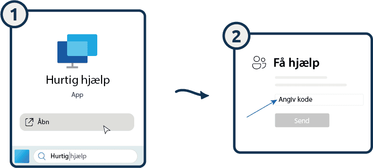 To-trins guide til Hurtig hjælp-appen: søg og åbn, derefter angiv supporterkode og send