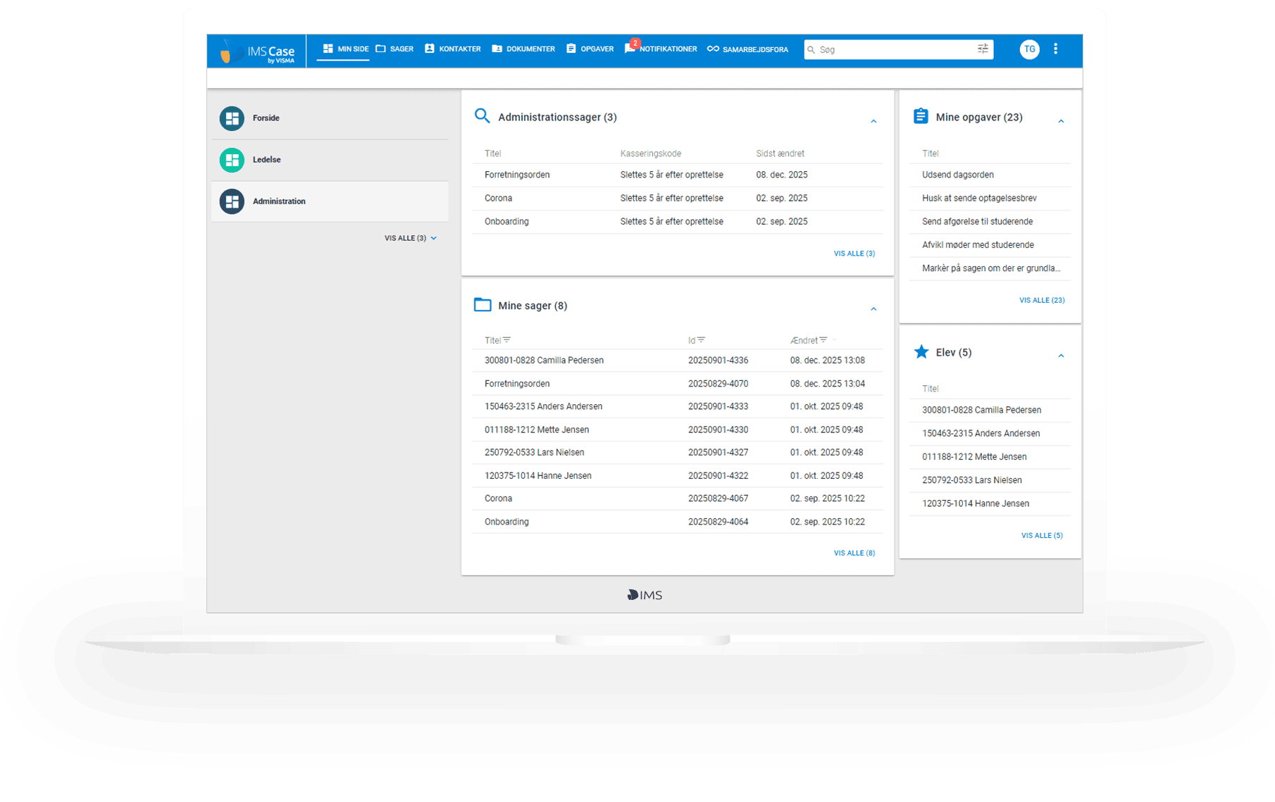 IMS Case: ESDH-system med dashboard for sagsstyring, dokumenthåndtering og opgaver på laptop