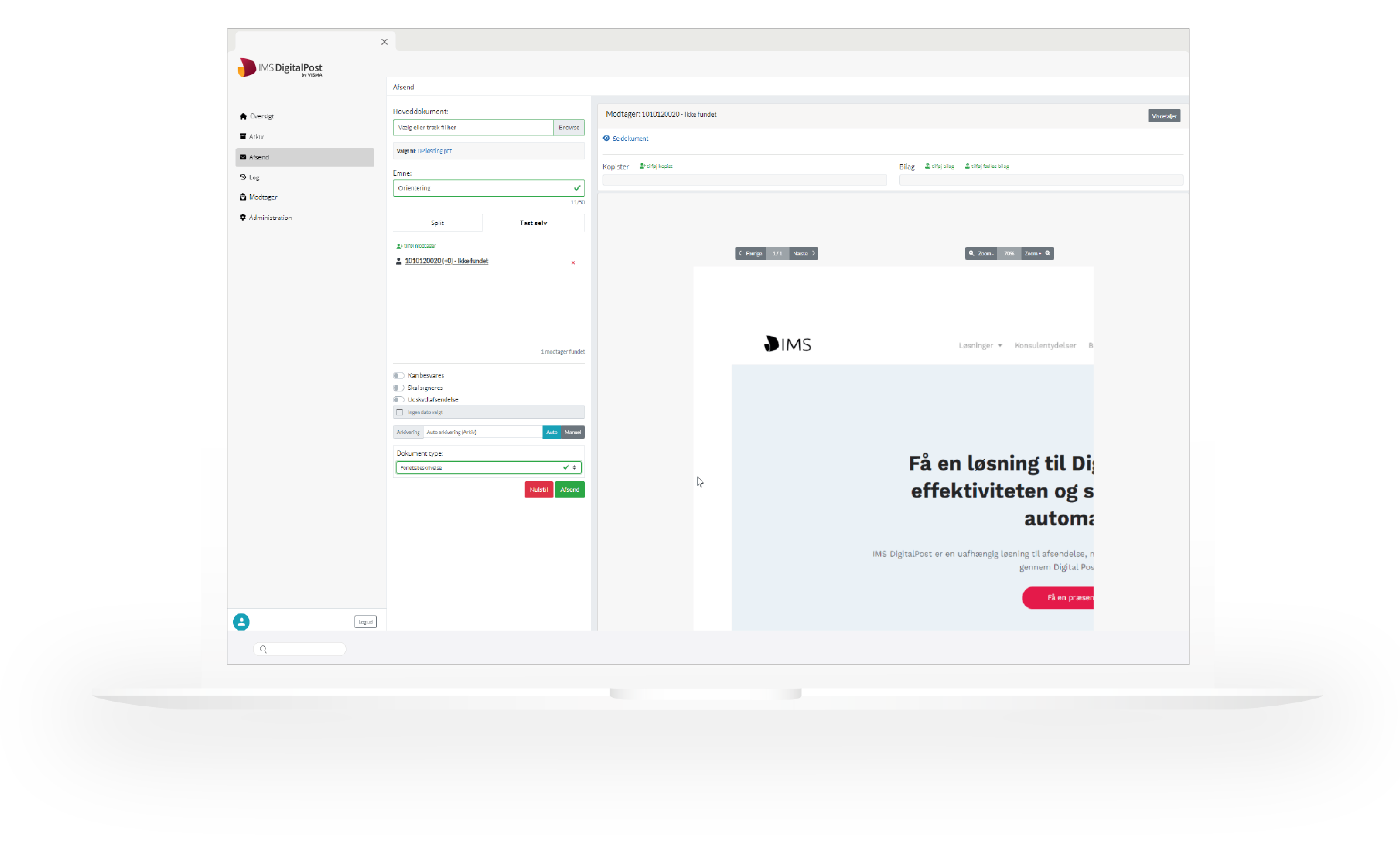 IMS DigitalPost interface med afsendelse og modtagelse af digital post på laptop